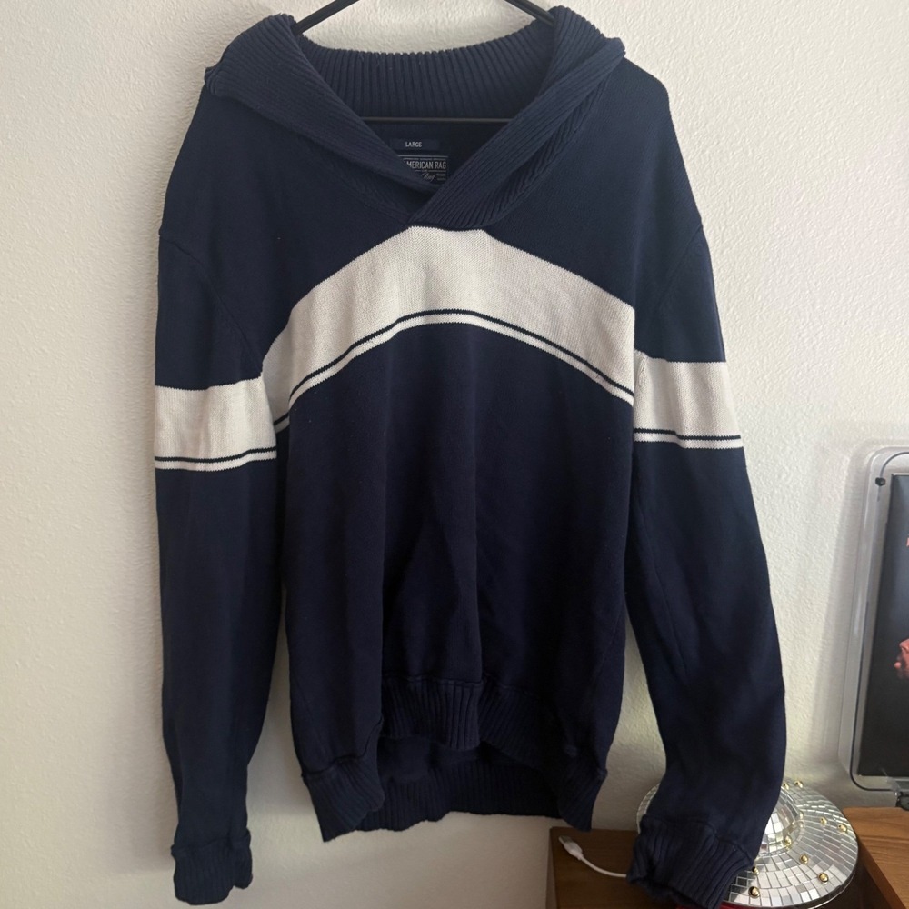 American Rag Mens Large Navy Blue White Striped Shawl Collar Cotton Sweater